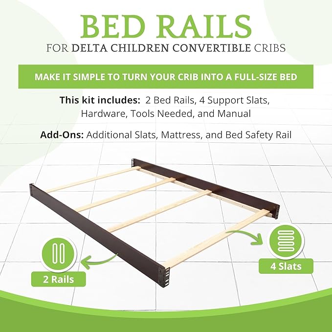 Full-Size Conversion Kit Bed Rails Compatible with Delta Children Convertible Cribs - Solid Wood Rail #0050 - Toddler and Adult Bed Rail for Full-Size Beds - Baby Furniture (Dark Chocolate - 207)