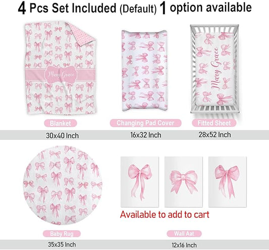 Personalized Baby Crib Bedding Set – Custom Name 4 Pcs Pink Bow Nursery Set with Minky Blanket, Fitted Sheet, Pad Cover & Rug, Soft Bedding for Girls, Ideal Shower Gift for Baby, New Parents