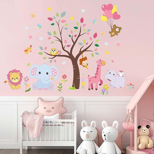 Amimagen Pink Animals Baby Wall Stickers - Forest Lion Elephant Monkey Hippo Wall Decals - Girls Baby Nursery Kids Room Wall Decor