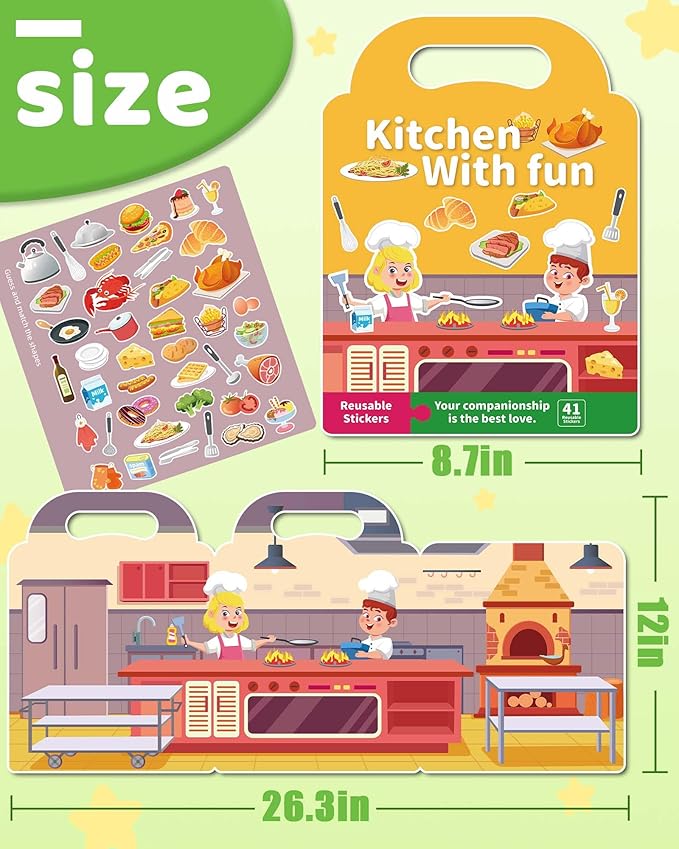 Benresive Reusable Sticker Books for Toddlers, Fun Travel Stickers for Kids, Toddler Sticker Book, Crafts Activities for Toddlers, 3 and Up Birthady Gifts - Kitchen