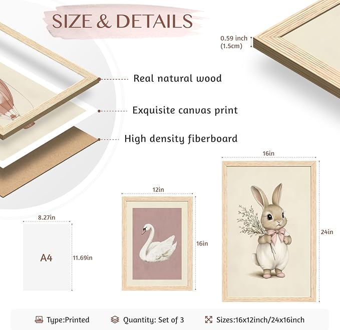 Hianan Pink Baby Girl Nursery Wall Decor Cute Bunny Wall Art Cozy Rabbit Canvas Artwork Elegant Swan Poster Prints Vintage Hot Air Balloon Painting Prints for Kid's Room Baby Room Wood Framed 16"x24"x3