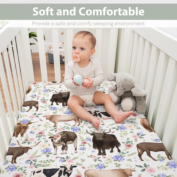 Highland Cows Boho Flowers Baby Crib Sheets for Boy Girl 52x28Inch Cows Breeds Farm Soft Snug Fitted Crib Mattress Cover Country Farmhouse Animal Baby Sheet for Crib and Toddler Bed Mattresses
