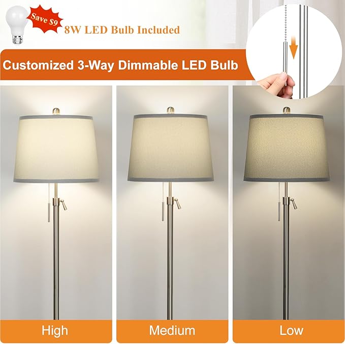 JUNNAI Floor Lamp for Living Room,Adjustable Height Standing Lamp,Dimmable Modern Floor Lamps for Bedroom Office Tall Floor Lights with Pull Chain Bulb Included-Silver Gray Shade