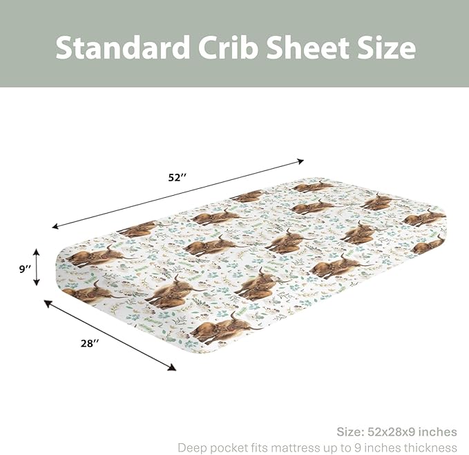 Floral Highland Cow Baby Crib Sheets for Boy Girl 28"x52" Cute Watercolor Cows Yak Cattle Soft Snug Fitted Crib Mattress Cover Spring Farm Animal Baby Sheet for Standard Crib & Toddler Bed Mattress