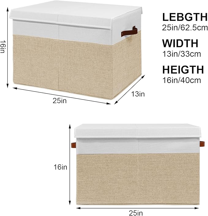Gowee Large Toy Storage Box with Lid, Sturdy Toys Storage Chest Bin Organizer Basket with Dividers for Kids, Boys, Girls, Nursery, Closet, Bedroom, Playroom 25"x13" x16" (Beige and White)
