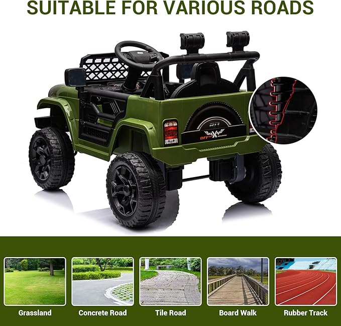 12V Ride On Car for Kids Electric Vehicle Toddlers Battery Powered Truck Car Toy with Remote Control, 4-Wheel Suspension, Battery Display, LED Lights, Music, for Boys Girls, Army Green
