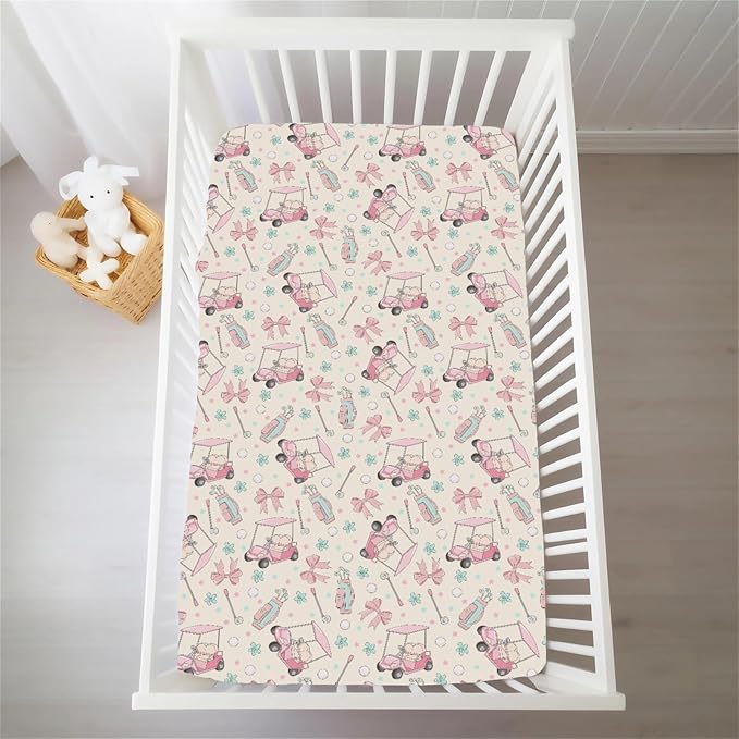 Girly Golf Stripes Bows Floral Baby Crib Sheets for Girls Pastel Pink Golfing Soft Snug Fitted Crib Mattress Covers for 52''x28'' Standard Crib & Toddler Mattress Preppy Girl Sports Nursery Bed Sheets