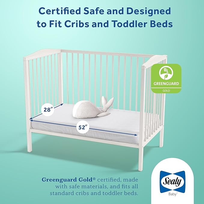 Sealy Baby Cozy Brilliance Breathable Crib Mattress, GREENGUARD GOLD Certified, Made in USA, Firm Dual Firmness, Toddler Bed Fit, Rayon, Waterproof, Non Toxic, Washable Zip Cover, 52” x 28