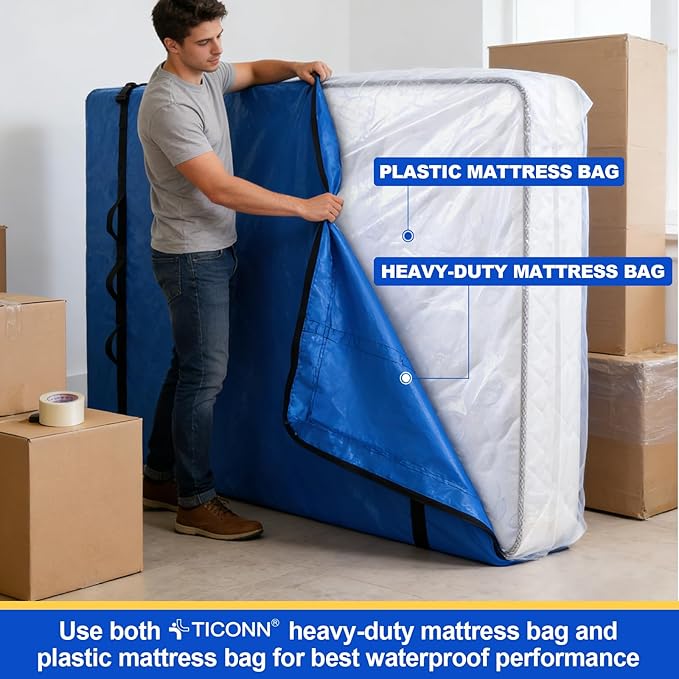 TICONN 2PK Plastic Mattress Bag for Moving Storage, Waterproof Mattress Protector Cover, Heavy-Duty Mattress Moving Supplies (4 mil, Full)