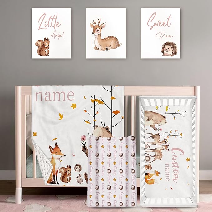 Personalized Baby Crib Bedding Set: 4 Piece Custom Gift Crib Bed Set with Name - Fox Sika Deer Design, Nursery Bedding Set for Baby Girls,Newborn Girls Crib Sets, Crib Bedding Shower Gifts