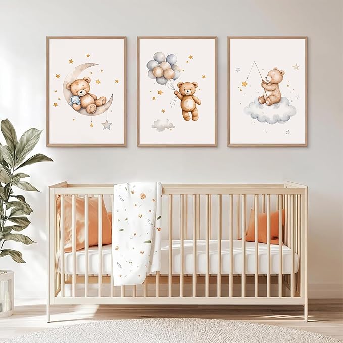Baccone Teddy Bear Nursery Wall Art Decor Baby Boy Girl Room Poster Vintage Nursery Canvas Wall Decor Toddler Kids Room Pictures Cute Bear Neutral Artwork for Bedroom Playroom 16x24 Unframed Set of 3