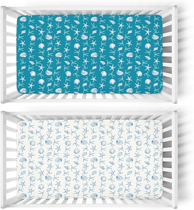 Summer Conches Bows Sea Baby Crib Sheets for Boy Girl 52x28In Ocean Seashells Beach Soft Snug Fitted Crib Mattress Cover Boho Nautical Marine Baby Sheet for Standard Crib & Toddler Bed Mattress 2 Pack