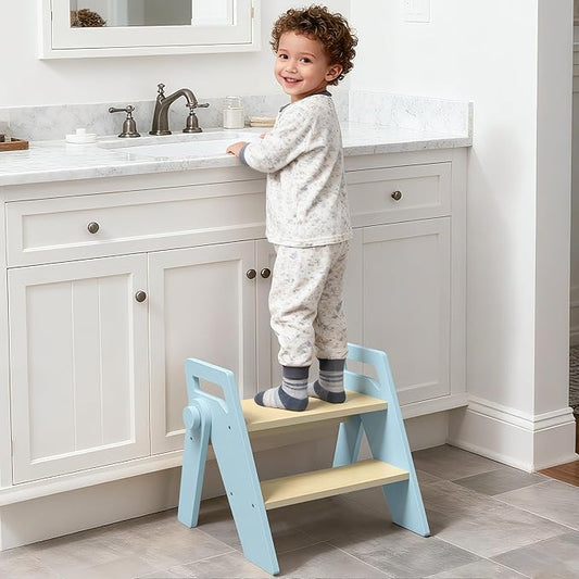 HOMEKOL Toddler Kids Step Stool: Wooden 2 Step Stool for Bathroom Sink, Foldable, Blue