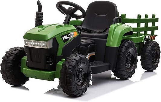 TOBBI Kids Electric Ride On Toy Tractor, Toddlers 12V Battery-Powered Car to Drive, 35W Dual Motor 6-Wheels Trailer Vehicle with 3-Speeds/LED & Horn Functions for Chirdren Aged 3-6-Dark Green