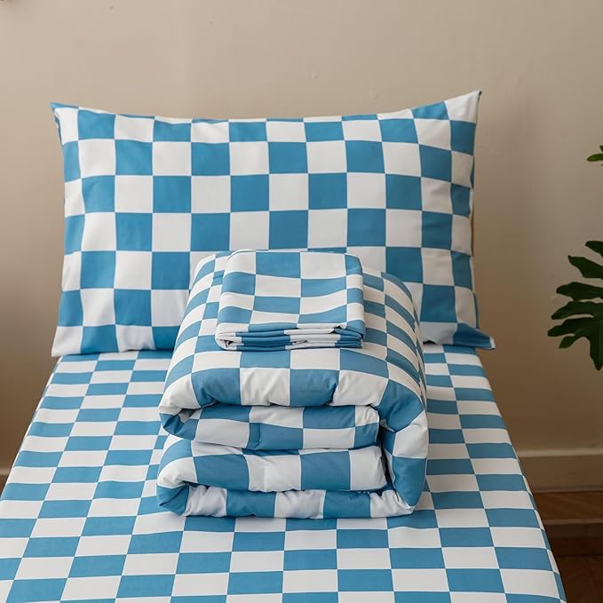 CLOTHKNOW 4 Pieces Plaid Toddler Bedding Sets for Boys Grils, Blue White Grid Pattern, Soft Crib Bed Set Including Comforter, Flat Sheet, Fitted Sheet and Pillowcase, Light Blue White