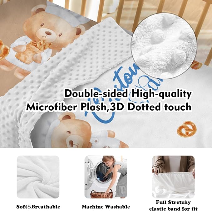 Personalized Crib Bedding Set, Custom Name Baby Bedding 5-Pcs Set - Soft Blanket Fitted Sheet Changing Pad Cover Nursery Rug and Wall Art, Cute Bread Bear Theme Nursery Decor for Newborn Boys Girls