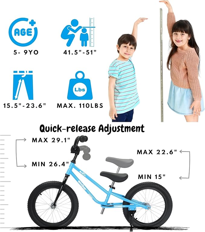 16 Inch Kids Balance Bike for 5-8 Year Old, BMX Kids Bike with No Pedals, Air Rubber Tires, Footrests, Adjustable Height for Big Kids, Boys, Girls (Pink)