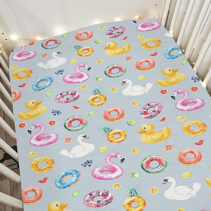 Summer Pool Floats Baby Crib Sheets for Boy Girl 52x28Inch Fun Beach Flamingo Duck Fruits Floats Soft Stretchy Fitted Crib Mattress Cover Travel Vacation Baby Sheet for Crib & Toddler Bed Mattress