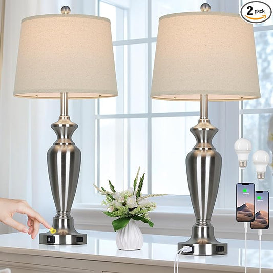 Cinyirong 30" Tall Silver Table Lamps Set of 2 for Living Room, 3-Way Dimmable Touch Control Bedside Lamps for Bedroom Nightstand with USB A+C Ports & AC Outlet (2 LED Bulbs Included)