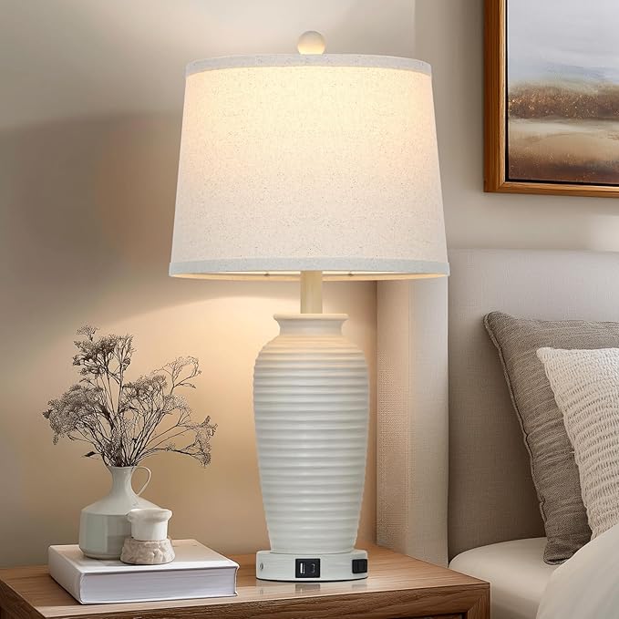 CINSARY 25" Vintage Farmhouse Jar Table Lamps, Single Rustic Bedside Lamp with USB A+C Ports & AC Outlet, Nightstand Lamps for Living Room, Bedroom, End Table, Cream(LED Bulb Included)