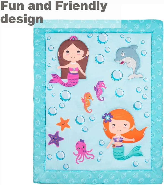 EVERYDAY KIDS 4 Piece Toddler Bedding Set -Undersea Mermaids Adventure- Includes Comforter, Flat Sheet, Fitted Sheet and Reversible Pillowcase