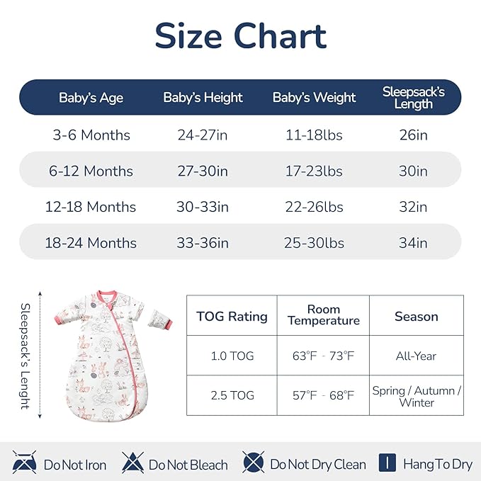 Baby Sleep Sack 6–12 Months, 2.5 TOG Warm Cotton Sleep Sack with Detachable Long Sleeves, Winter Wearable Blanket for Cold Nights, 2-Way Zipper Toddler Sleeping Sack, Bunny
