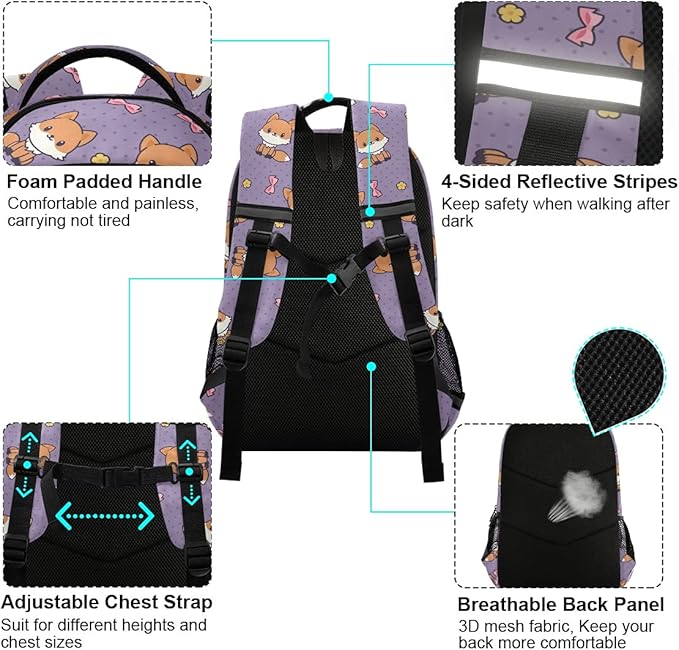 MNSRUU School Backpack with Chest Strap, Cute Cartoon Fox Laptop Backpack, Travel Hiking Backpack for Boys Girls, Rucksack, Knapsack