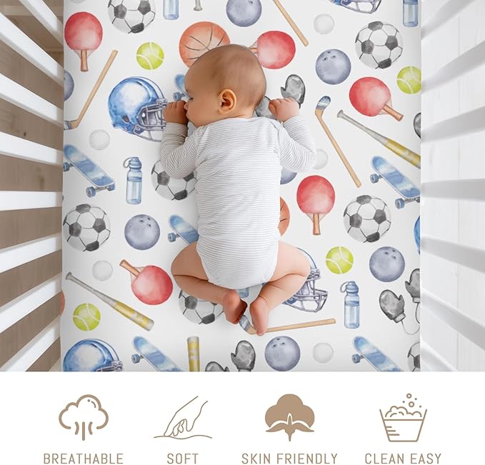 Watercolor Sport Baby Crib Sheets for Boys Soccer Basketball Baseball Golf Tennis Soft Snug Fitted Crib Mattress Covers for 52''x28'' Standard Crib & Toddler Mattress Boys Sports Lovers Gift Bed Sheet