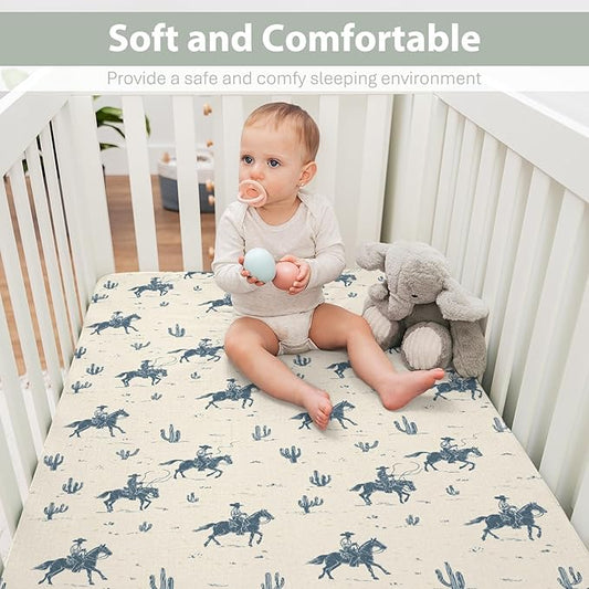 Vintage Cowboys Baby Crib Sheets for Boy Girl 52"x28" Retro Western Cowboy Horse Cactus Soft Stretchy Fitted Crib Mattress Cover Wild Desert Baby Sheet for Standard Crib and Toddler Bed Mattress
