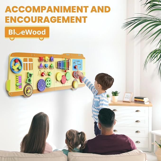 BlueWood Wooden Wall Busy Board Panels, Toddler Learning Activity Center, Montessori Philosophy Sensory, Educational Toys, Conducive to All-Round Development - School Bus