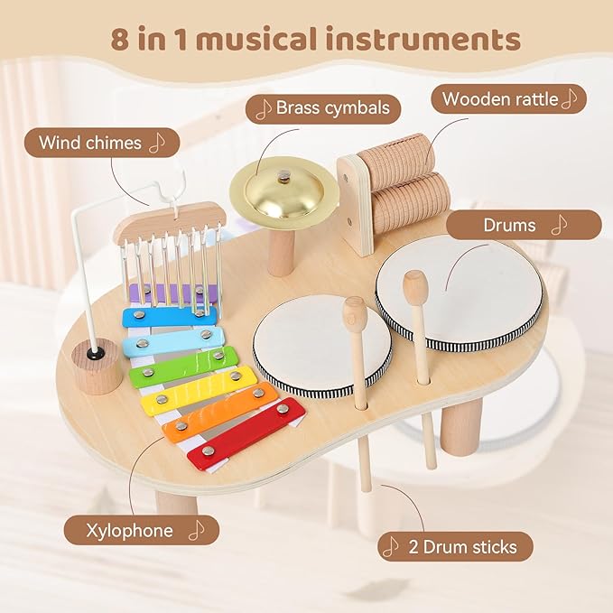 Promise Babe Wooden Drum Set for Toddlers 1-3, Musical Percussion Instruments for Kids Baby Drum Set Xylophone, Montessori Educational Musical Toys for Girls Boys Ages 3+