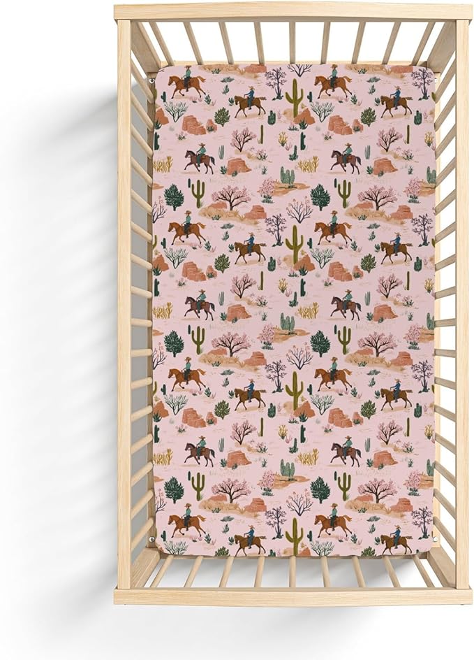 Retro Western Cowboy Pink Baby Crib Sheets for Boy Girl 52"x28" Vintage Cowboy Cactus Soft Stretchy Fitted Crib Mattress Cover Wild Desert Baby Sheet for Standard Crib and Toddler Bed Mattress