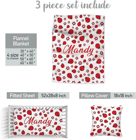 Custom Ladybug Nursery Bedding Set – Personalized Name 3-Piece Crib Set for Baby Girls, Soft Blanket, Fitted Sheet & Pillowcase – Shower Gift for Baby & Nursery Decor
