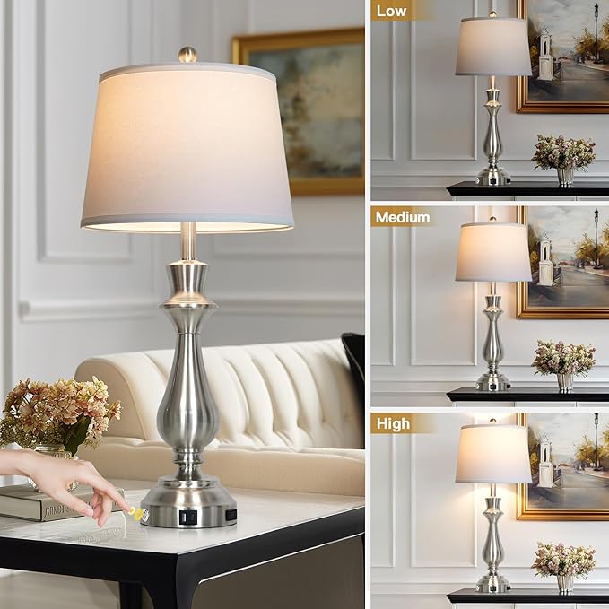 luxeflow Modern Silver Table Lamps Set of 2 for Living Room,30" Tall Bedside Lamp with USB Charging Port,3-Way Dimmable Touch Nightstand Lamp for Bedroom Desk Side Table Office,Silver