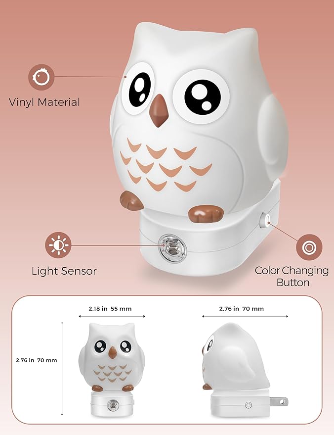 L LOHAS LED Owl Night Light for Kids, 3D Owl Night Light Plug in Wall, Dusk to Dawn Sensor, 8-Color Changing+Soft White 3000K, 3 Lighting Modes, Nursery Night Lights, Children, Room Decor