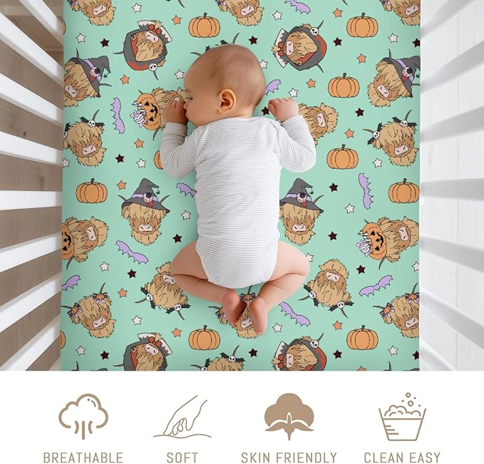 Highland Cow Halloween Baby Crib Sheets for Boy Girl Western Cowboy Fall Pumpkin Bats Soft Snug Fitted Crib Mattress Covers for 52''x28'' Standard Crib & Toddler Mattress Spooky Farm Animal Bed Sheet