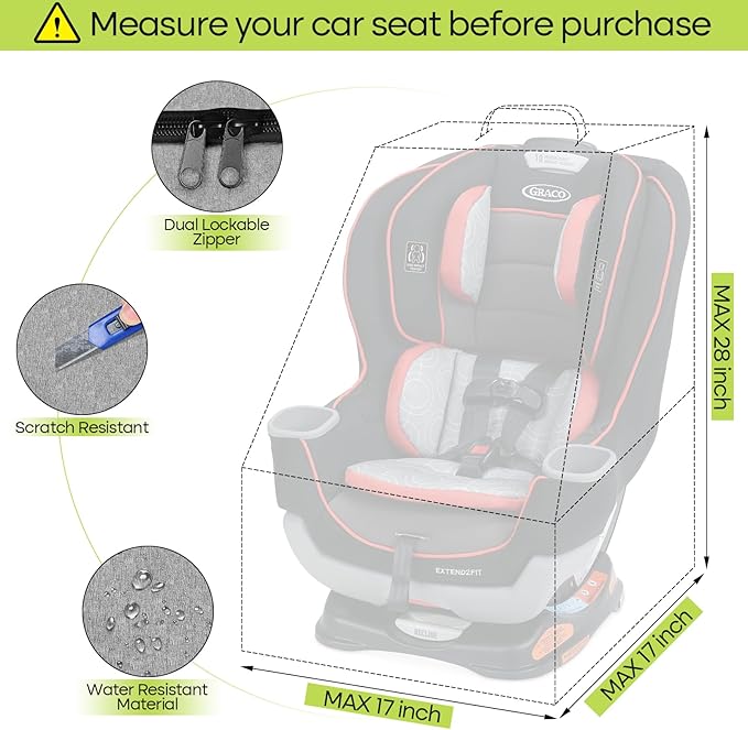 ZRRAJOY Padded Car Seat Travel Bag for Airplane, Heavy Duty Backpack for Air Travel, Water-Resistant Carrier with Shoulder Strap, Fits Most Car Seats (Grey+Black)