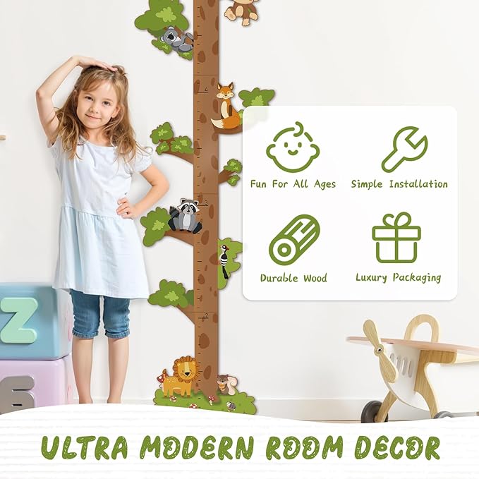 Woodemon Wooden Surfboard Wall Decor Growth Chart,Tree Art Decor for Kids Room, Wood Tree Kids Sizing Chart, Height Board Cute Decor, Nursery Growth Chart Ruler Measuring Board for Boys Girls