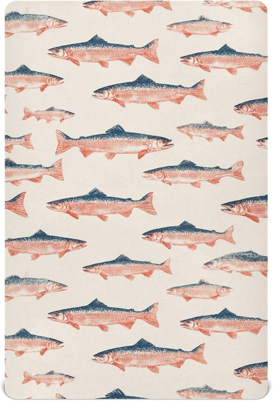 Sea Vintge Salmon Fish Crib Sheets Soft Breathable Fitted Baby Crib Sheets Mattress Cover for Girls Boys, 52" x 28" x 9"
