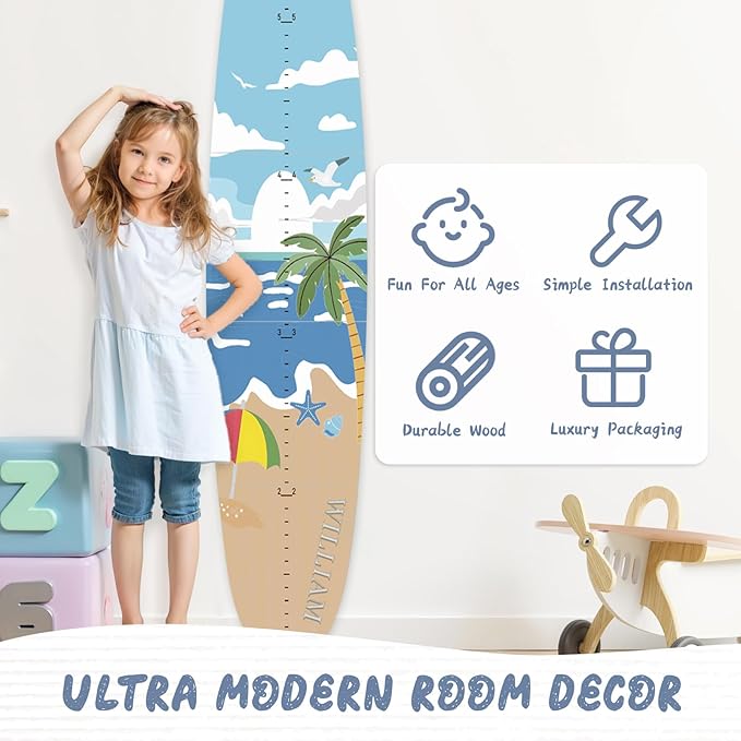 Woodemon Personalized Name Growth Chart, Surfboard Children's Height Growth Chart Wall Board, Stereoscopic Height Ruler, Precision Height Measuring Instrument for Nursery Room, Includes Tools