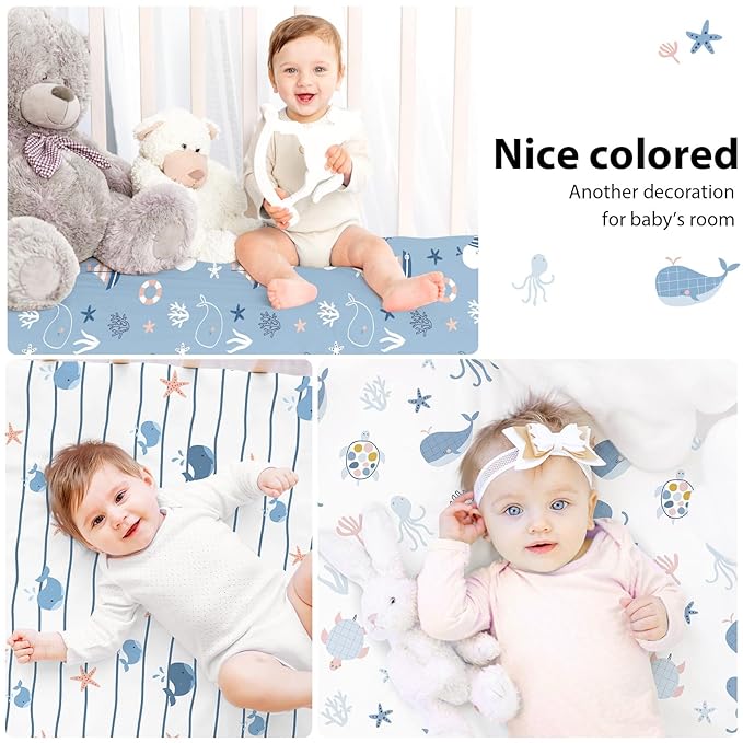 Baby Crib Sheets for Boys and Girls, 3 Pack Toddler Bed Sheets for 52”x28” Standard Toddler Mattresses, Soft Microfiber Fitted Crib Sheets Neutral Blue Ocean Whale