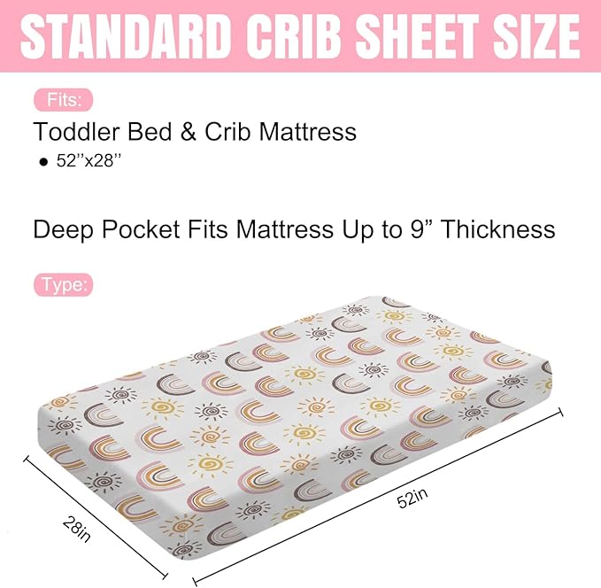 Boho Sunshine Rainbow Baby Crib Sheets 52''x28'' Colorful Rainbow Sun Stretchy Fitted Crib Mattress Cover for Boy Girl Soft Baby Nursery Bed Sheet for Standard Crib and Toddler Mattresses