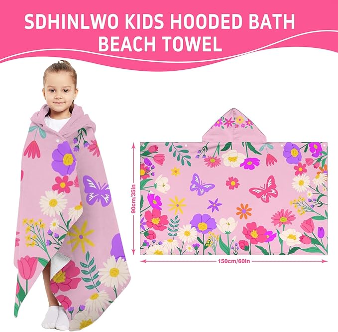 Thickened Hooded Towels for Kids Suitable Girls Boys Kids Bath Towels, 35"x60" Super Absorbent, Flower Cute Cartoon Toddler Towels Multi-Purpose for Beach, Pool and Bathroom