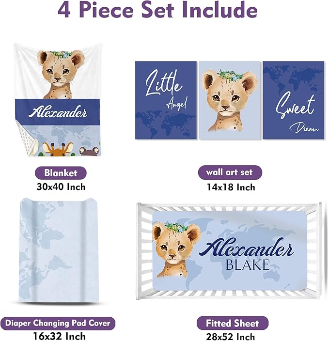 Personalized Baby Crib Bedding Set: 4 Piece Custom Gift Crib Bed Set with Name - Blue Leopard Design, Nursery Bedding Set for Baby Girls,Newborn Boys Girls Crib Sets, Crib Bedding Shower Gifts