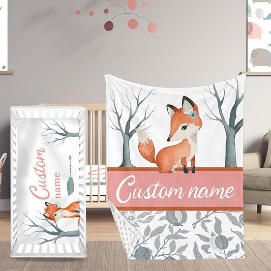 Orange Fox Theme Personalized Crib Bedding Set - 2 Piece Custom Name Crib Set with Blanket and Crib Sheet for Infant, Crib Set for Newborns Infant, Comfort and Soft