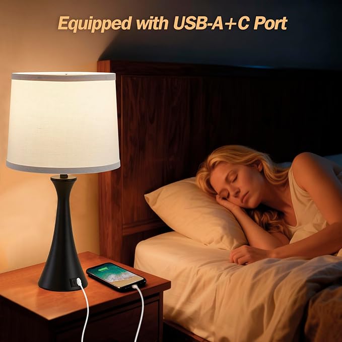 Hikczc Touch Lamp for Living Room Bedroom, 21" Table Lamps Set of 2 with USB C+A Ports and White Lamp Shades, Touch Bedside Lamps for Nightstand with 3 Way Dimmable, 2 LED Bulbs Included