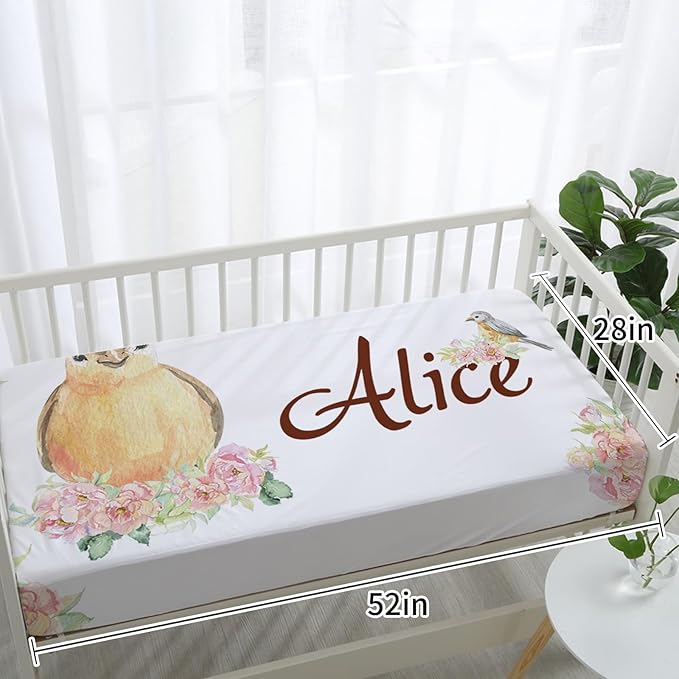 Personalized Crib Bedding Set, Custom Name Baby Bedding 5-Pcs Set - Blanket Fitted Sheet Changing Pad Cover Nursery Rug Wall Art, Pink Floral Bird Nursery Decor for Newborn Girls