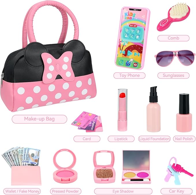 Pretend Play Purse for Little Girls, Toddler Purse with Pretend Makeup Toys for Toddlers, Princess Pretend Play Purse Toys with Accessories, Kids Purse Toy Birthday Gift for Girls Age 3 4 5 6+