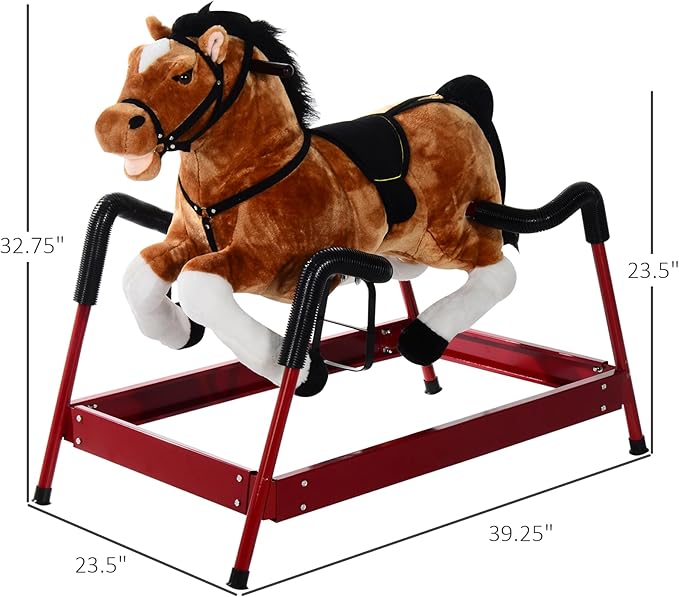Qaba Durable Plush Toddlers Spring Rocking Horse, Bouncing Rocker Toy with Realistic Sounds