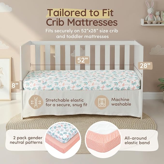 Baby Crib Sheets Girls Toddler Bed Sheets Cotton Fitted Crib Sheet Sets 28"x52", 8" Deep Pocket, Baby Mattress Sheet 2Pack 100% Cotton Flamingo Beddings, Designed in France, Jungle Leaves, White Pink